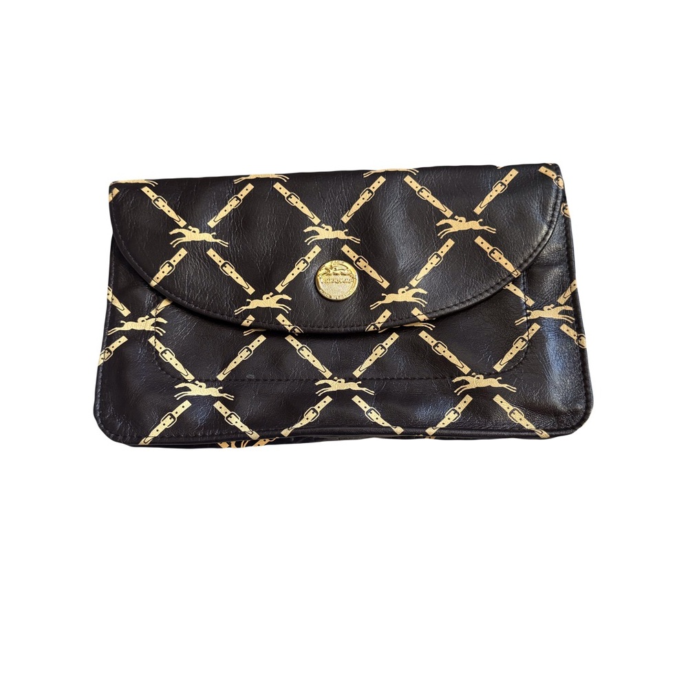 Authentic Longchamp Dark Brown and Gold Leather Clutch / Pouch